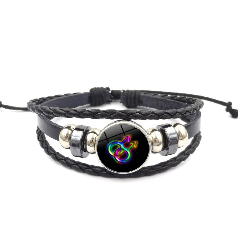 Pulsera tejida multicapa de cuero negro de cuero iridiscente al por mayor